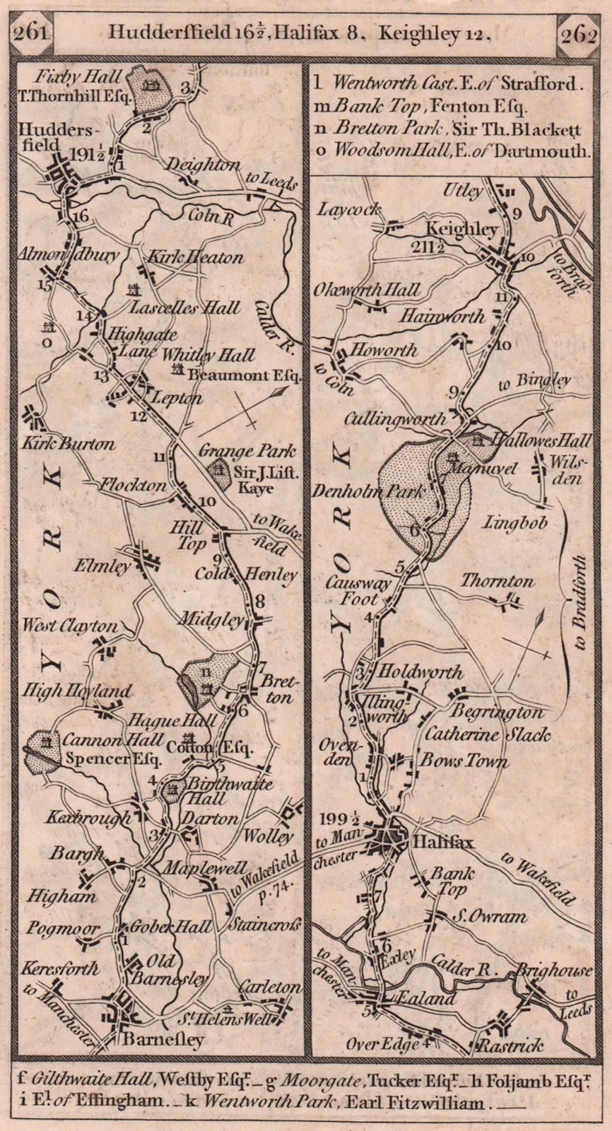 Barnsley - Huddersfield - Halifax - Keighley road strip map PATERSON 1803